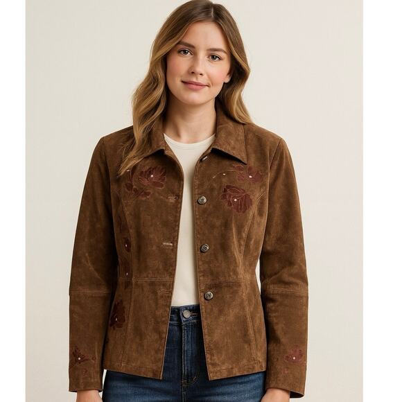 Montanaco Jackets & Blazers - Montanaco Leather Suede Jacket Chocolate Brown Floral Embroidered Woman’s  Large